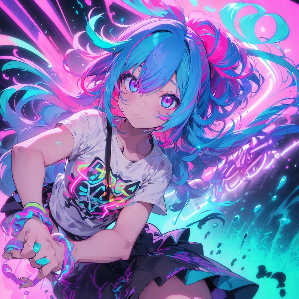A brightly colored cat-eared anime girl with headphones((Upturned eyes:1.3、Perfect Eyes、Beautifully detailed eyes、Ultra-detailed iridescent deep blue purple eyes:1.1、Gradient eyes:1、Beautiful eyes with fine details:1、Symmetrical eyes:1、Big eye highlights:1.2))、非常にShy、Blushing、(Mouth open)、Sounds anxious、In the game room、((((Light Skin:1.5、Sunburned skin、Light Skin、非常にLight Skin、Bright body))))、Psychedelic Illustration、Psychedelic art style、Neon Color Theme、(((masterpiece)))、(complicated)、8k、Highest quality、(Visual Intensity:1.5)、(((Liquid paint hair:1.1)))、(((Neon purple hair | Neon pink hair | Neon blue hair |Neon Aqua Hair | Purple Hair | Fuchsia Hair | Fluorescent Blue Hair | Amethyst Hair | Neon Hair | Bright pink hair :1.5))), ((Made with paint、Defying Gravity、Thick and flowing)、(Paint splashes:1.3)、(Shiny Hair: 1.3)、(Bright colors)、Dynamic pose、Shy、Central configuration、Scale to fit your dimensions、Three-part method、A body properly covered in paint、Multicolored background、Colorful Themes、Splash paint play、Beautiful light、Colorful light particles、High contrast clothing、Splashes of color、Wall paint colour、complicatedなディテール、Exposure Blending、HDR、(Graffiti art)、more_details:0.5、Have a controller、Have a mouse、Playing a game