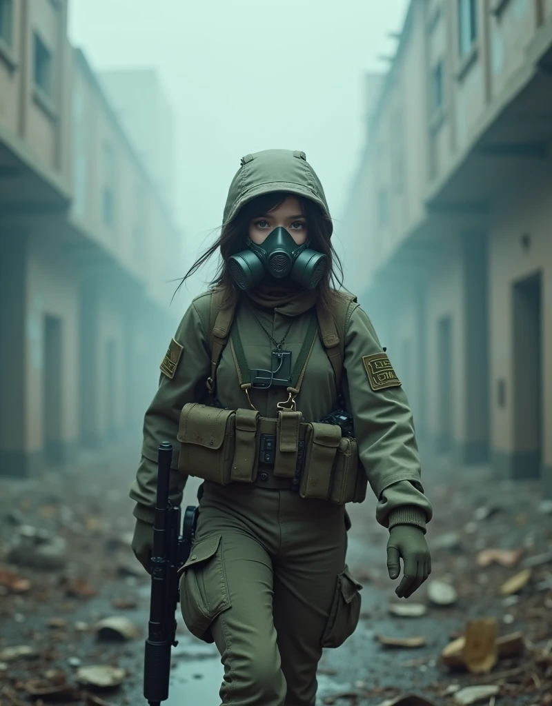 (Photorealism:1.2), cute armed woman, A female soldier wearing a gas mask patrols a fog-filled ruin.