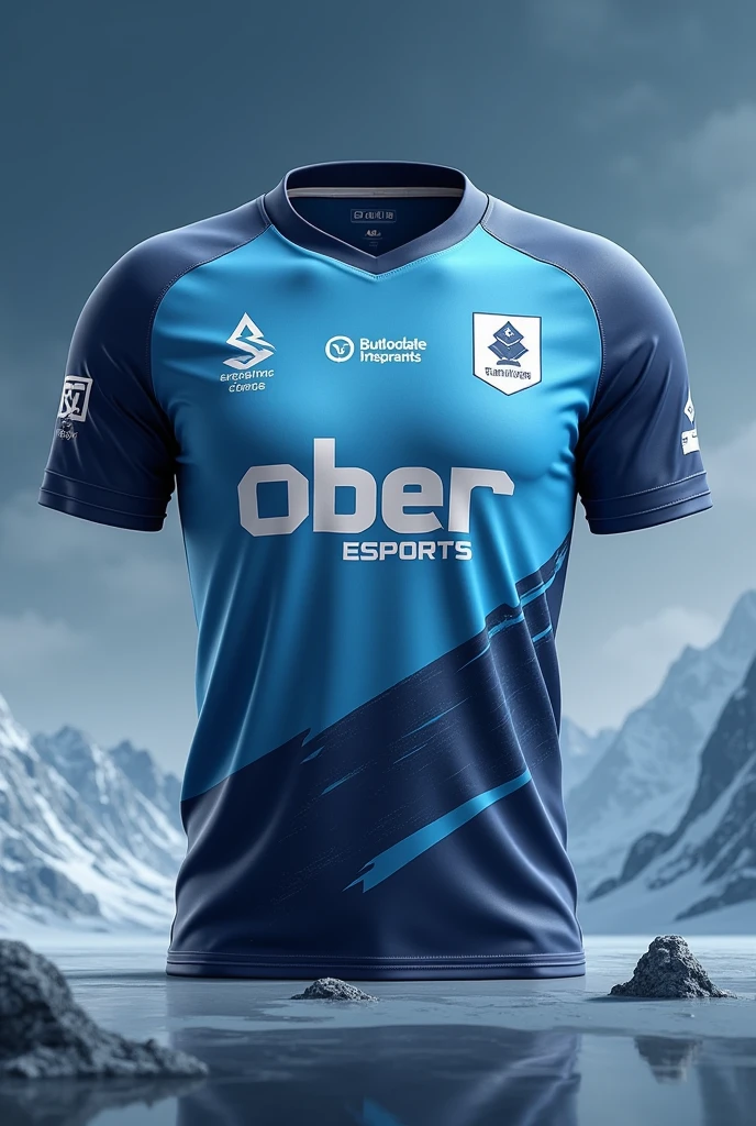 Creat a esports jersey with OE LOGO IN RIGHT TOP .WRITE OBBER ESPORTS IN MIDDLE .make it color like mountain and its matching .color like mountain .donot make mountain in jersey.place pubg mobile logo in left top of jesey.make icy color jersey .write obber esports in middle 