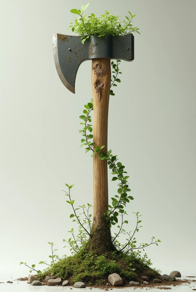 An axe and a plant growing from the handle 