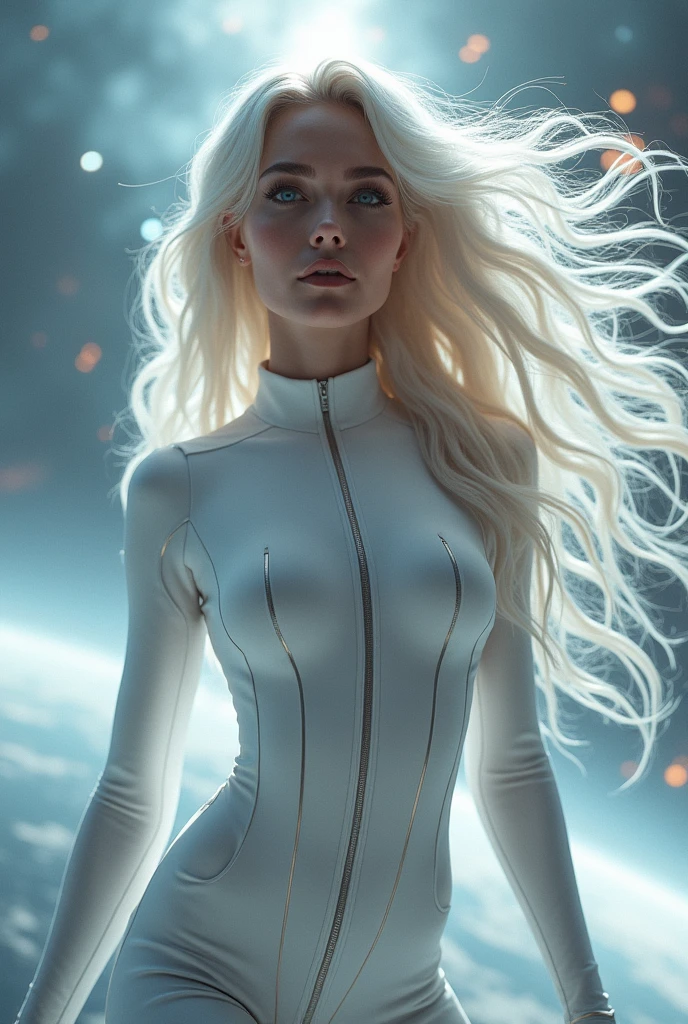 A woman with long white wavy hair,She will wear a very pop diva space outfit in white and will be flying in space and in the background a supernova will happen,I want her beautiful like a model