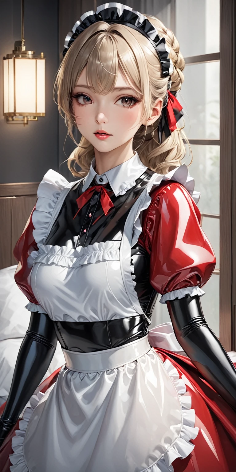 Portraiture、(masterpiece,Highest quality,Ultra-high resolution),Japanese women, (((Very beautiful 2 girl))),(Latex Maid Clothing)、((Latex Long Skirt))、(A long-sleeved latex shirt that covers the upper body)、Latex gloves、Latex socks、Latex bodysuit、Frills、The clothes fit snugly to the body、Latex is very shiny、Dark Room、