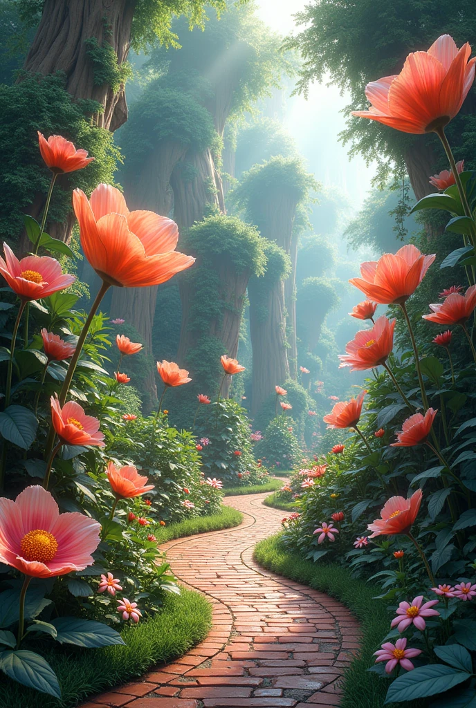 A beautiful garden with many kind huge flowers and bricks for walking tracks aesthetic look fantasy