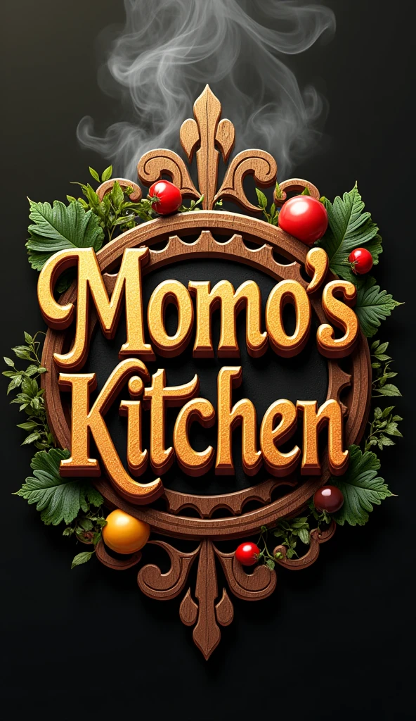 a detailed photorealistic logo of "Momo's Kitchen", pakistani style cuisine, high quality 8k, food-themed, detailed calligraphy styled text, warm color palette, appetizing ingredients, steam or smoke effects, intricate patterns, detailed pakistani ornamental elements, natural textures, dynamic composition
