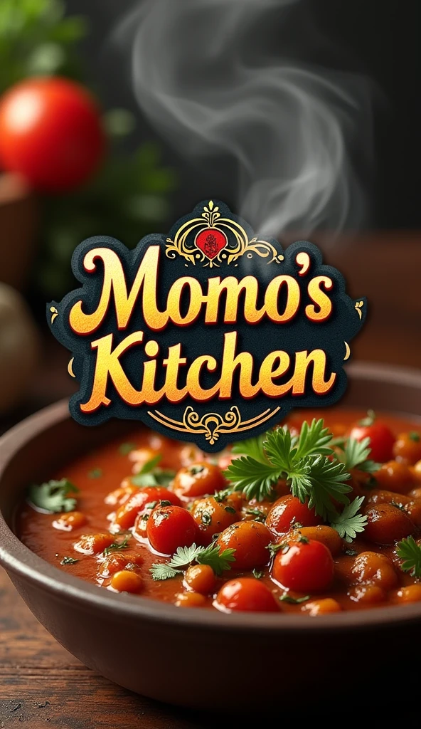 a detailed photorealistic logo of "Momo's Kitchen", pakistani style cuisine, high quality 8k, food-themed, detailed calligraphy styled text, warm color palette, appetizing ingredients, steam or smoke effects, intricate patterns, detailed pakistani ornamental elements, natural textures, dynamic composition