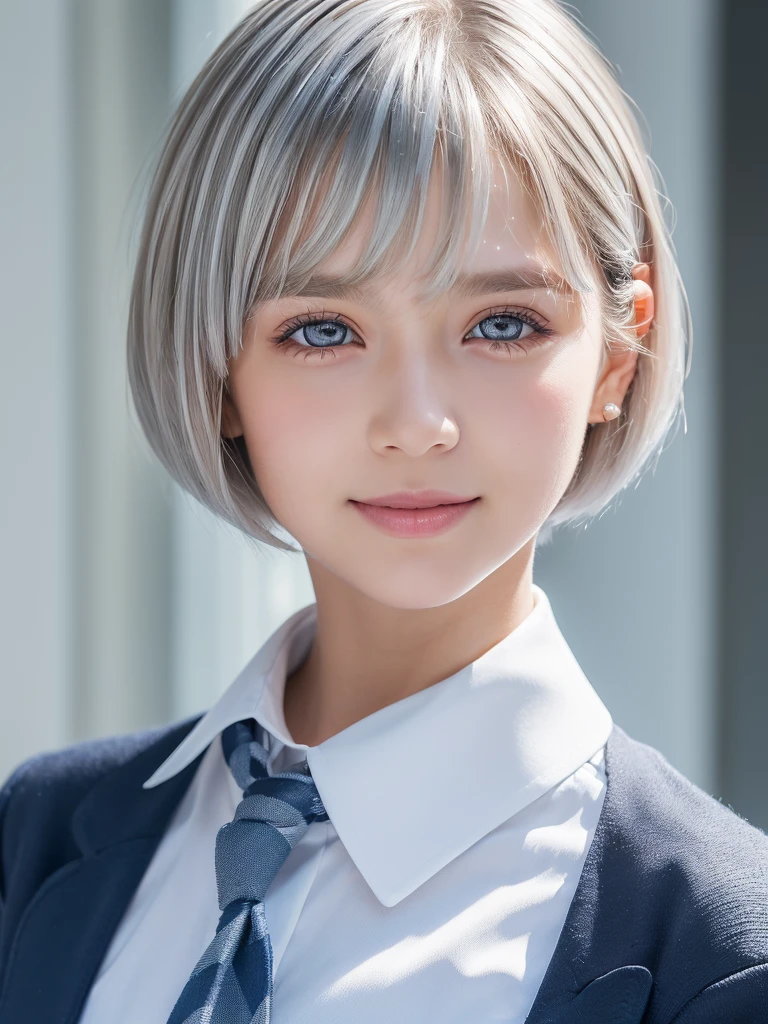 (A portrait of a young girl in school uniform:1.5), with a bright expression, glowing white skin, glossy face, shimmering cheek gloss, small face,(best looks:1.5),very beautiful glossy hair, (ultra short hair:2.0),(silver hair:1.5),shimmering clear alluring bright large pale blue eyes,downturned eyes,eyeliner,(a very beautiful lovely cute girl,charming smile,perfect bust:1.25),masterpiece,photorealistic, 8k, high quality, masterpiece,realistic portrait,high resolution fix