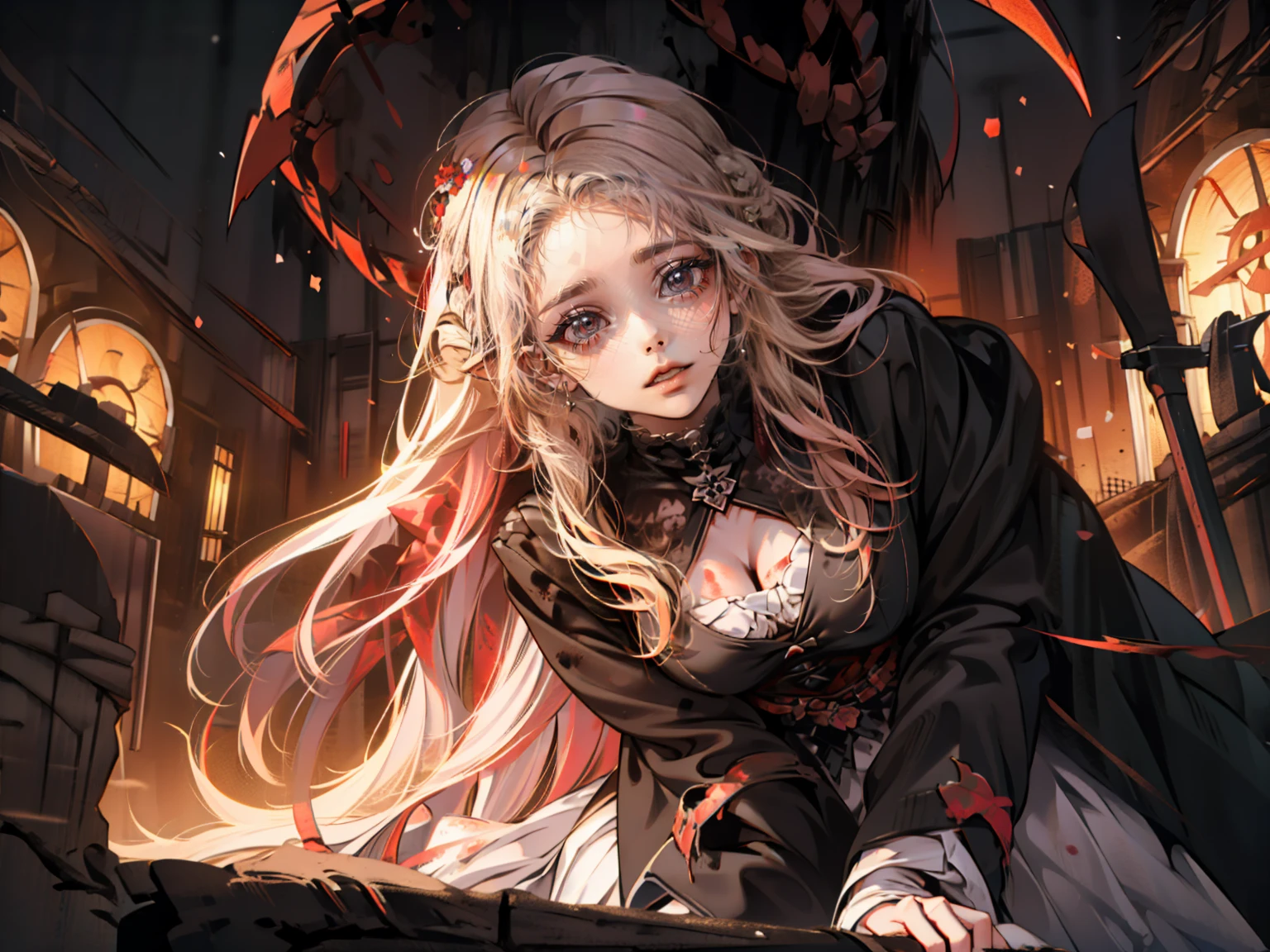 shaded face 、beautiful girl、とてもcute天使、Pink Gothic Fashion、cute、Baby Face、smile、Long skirt、Black long boots、.(Highest quality,4K,High resolution,masterpiece:1.2),Very detailed,Realistic:1.37,Spooky altar background,Dark fantasy,Red color scheme,Ominous atmosphere,Eye-catching,Storytelling,anatomy,Anime Style,Concept Art,beautiful細部までこだわった顔と (((Red eyes ))),A terrifying ritual ,Satanic Ritual,Premature death,inappropriate behavior,クレイジーなsmile,Scythe Face,Girl Monster, beautiful, Delicate facial features, Sharp Eye, Sharp Fangs, pale skin, Dark Background, Cinema Lighting, Dramatic Shadows, Gothic style, Gloomy atmosphere, Dark fantasy, one person's, Please open your mouth wide, Open your mouth and baring your teeth,Sharp teeth like a beast, Wide lips, very wide mouth, Vermilion cheeks, ,(Blood splatter:1.4),Scary smile, smile,Angel Design, Twisted smile、Bloody、bleeding from the head,,,,,、Blood splatter、,(Blood splatter:1.4),skull,Demon Spear,Horror Style, ((Fantasy Sweet Ta Frill Pink Costume)), ((Flowing blonde hair)), ,(Blood splatter:1.4),Female curves, Sexy flat stomach, Perfect hands, Perfect anime face, (Pink Tata Dress)), Are standing, ((邪悪なsmile)), ,(Blood splatter:1.4), Steam circulates, Moonlight Illumination, night lighting, (Blood splatter:1.6),アニメAngel Design, Twisted smile、Bloody、bleeding from the head,,,,,、Blood splatter、,(Blood splatter:1.4), skull,Gothic architecture、Western architecture、Fantasy World、,Victorian cities, Skeleton Gas Light,Absurd, High resolution、 ((Tabletop)), ((Highest quality)), (Very detailedな), ((Very detailed)), (beautiful), ((cute)), (NFSW:1.8), alone,(:1.6)、(world'The most terrifying and creepy demon girl:1.5)beautiful face、Whole Body Ezbian、pale, beautiful肌、beautiful金の髪、優しくsmileむ、Dark building ruins、(snow white'Frill dress:1.3)、(The dark ruins are stained with blood:1.3)、Low angle full body shot、(少女は血の海の中にAre standing:1.5)、(The ground is full of blood:1.3)、(The girl lost a lot of blood....:1.3)、(クレイジーなsmile:1.6)、Spirits、(Blood dripping from the mouth:1.3)、