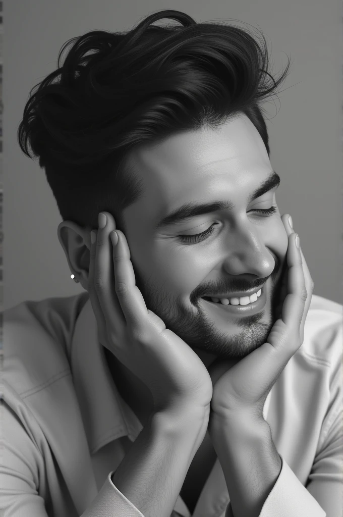1boy, male_focus, monochrome, greyscale, solo, smile, closed_eyes, holding, short_hair, facial_hair, grin, gradient_background
