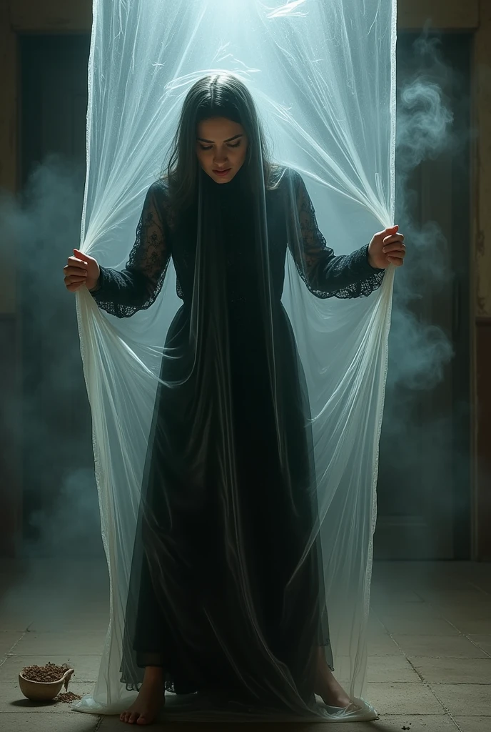 A realistic picture, with great accuracy, of an Arab woman, trapped inside a transparent plastic bag, with her knees close together, and barefoot, wearing a long black lace dress, a transparent plastic bag, seen from the side, as she tries to get out, pushing with all her hands to tear the bag apart, a sign of fear. In her eyes, soft lighting above her, and smoke in the room