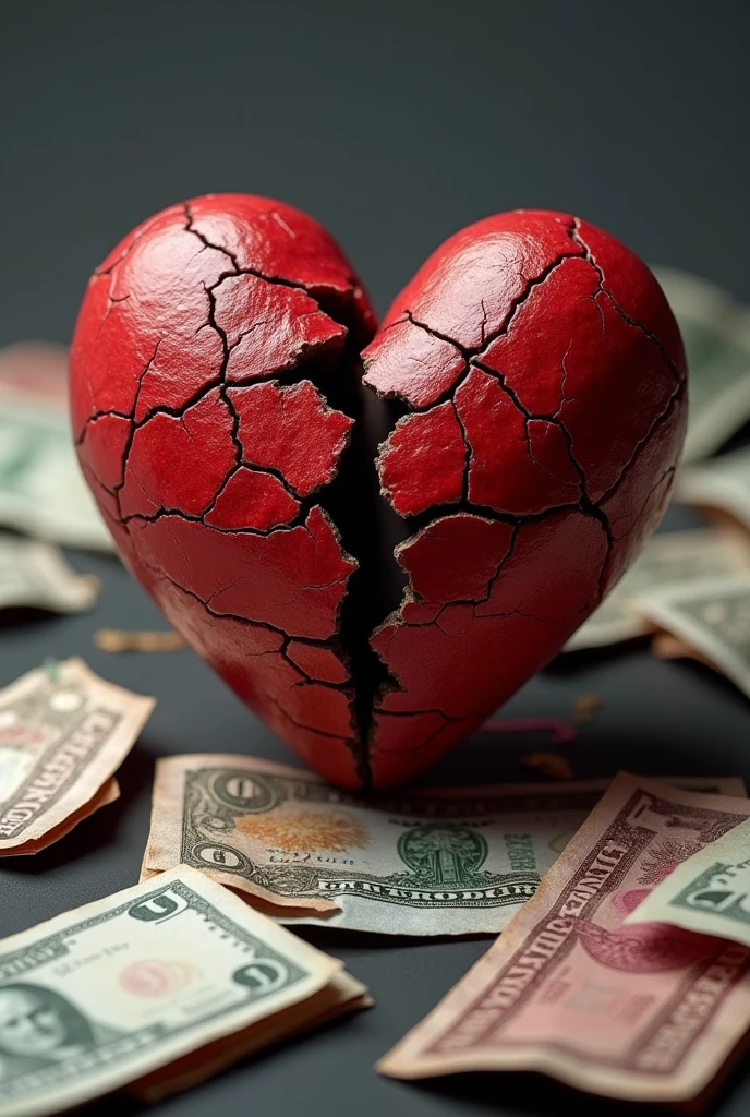 broken heart, on top of several banknotes, 3d drawing