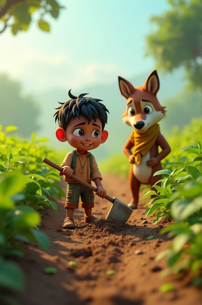 In cinematic 3d Cartoon style "Rebuilding the Fields:
Ramoo and Raja working together to restore the fields.
Ramoo sowing seeds or tilling the soil with Raja nearby, both working diligently."