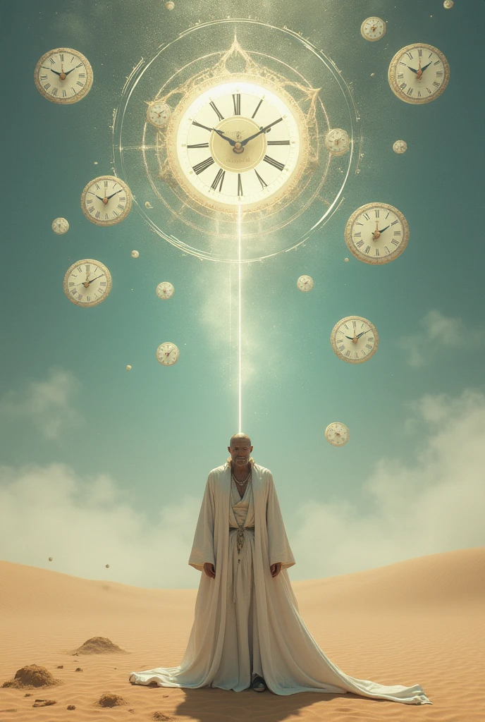 arafed man in a white robe standing in a desert with clocks in the sky, memory trapped in eternal time, abstract occult epic composition, tomasz alen kopera and cgsociety, epic mysterious surrealism, fantasy art behance, an ominous fantasy illustration, (octane render) fantasy style, time consumes us all, goddess of time