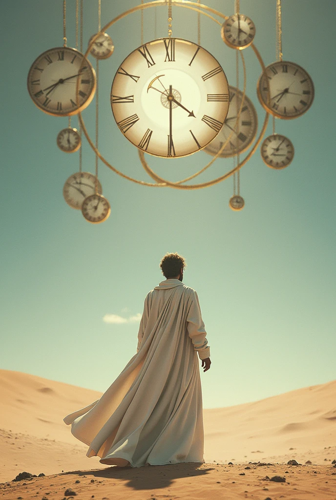 arafed man in a white robe standing in a desert with clocks in the sky, memory trapped in eternal time, abstract occult epic composition, tomasz alen kopera and cgsociety, epic mysterious surrealism, fantasy art behance, an ominous fantasy illustration, (octane render) fantasy style, time consumes us all, goddess of time