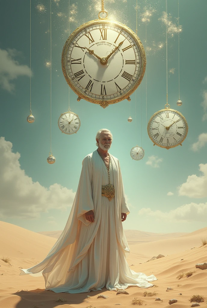 arafed man in a white robe standing in a desert with clocks in the sky, memory trapped in eternal time, abstract occult epic composition, tomasz alen kopera and cgsociety, epic mysterious surrealism, fantasy art behance, an ominous fantasy illustration, (octane render) fantasy style, time consumes us all, goddess of time