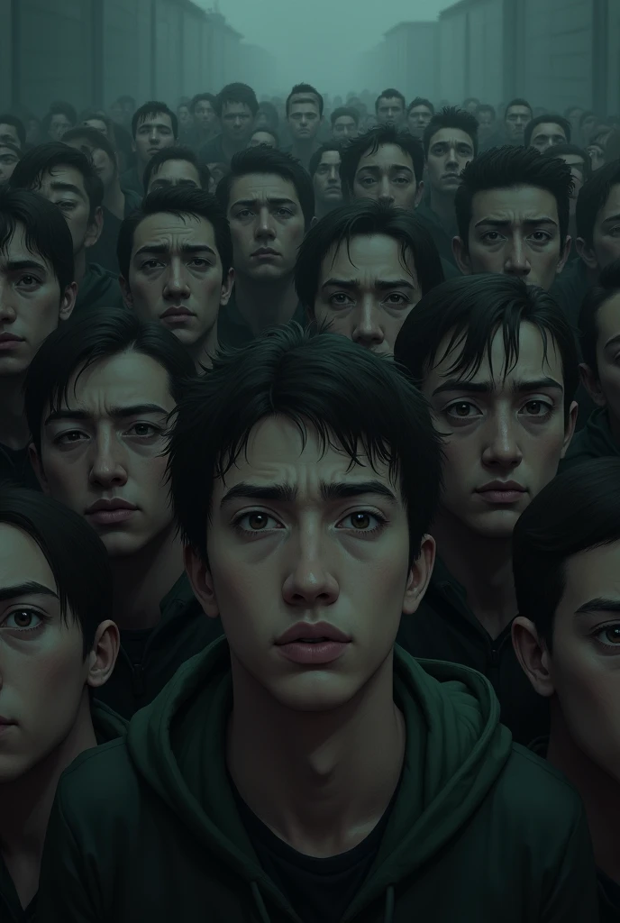100 people of young men feeling unlucky and dark background