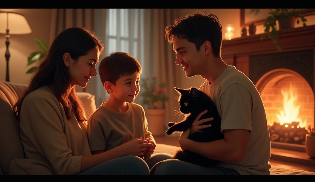 “Inside a warm and cozy living room, Sam’s parents, a kind-looking mother and father, are gently smiling down at Sam, who is holding the dark-furred cat. The room has soft lighting, and a fire is crackling in the fireplace. Sam is smiling with relief as his parents nod in agreement.”