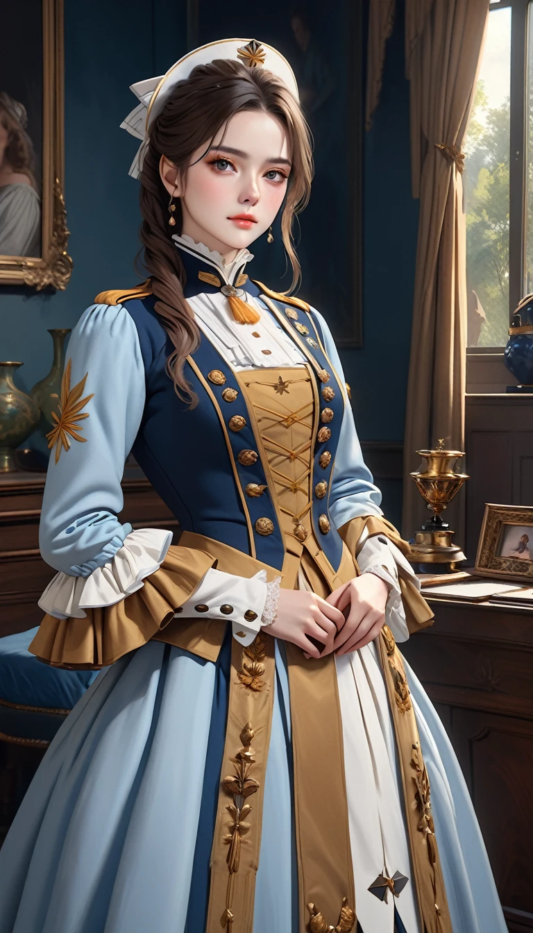 18th century lady admiral, best quality, 4k, 8k, highres, (masterpiece:1.2), ultra-detailed, (photo realistic,:1.37), looking at viewer, 