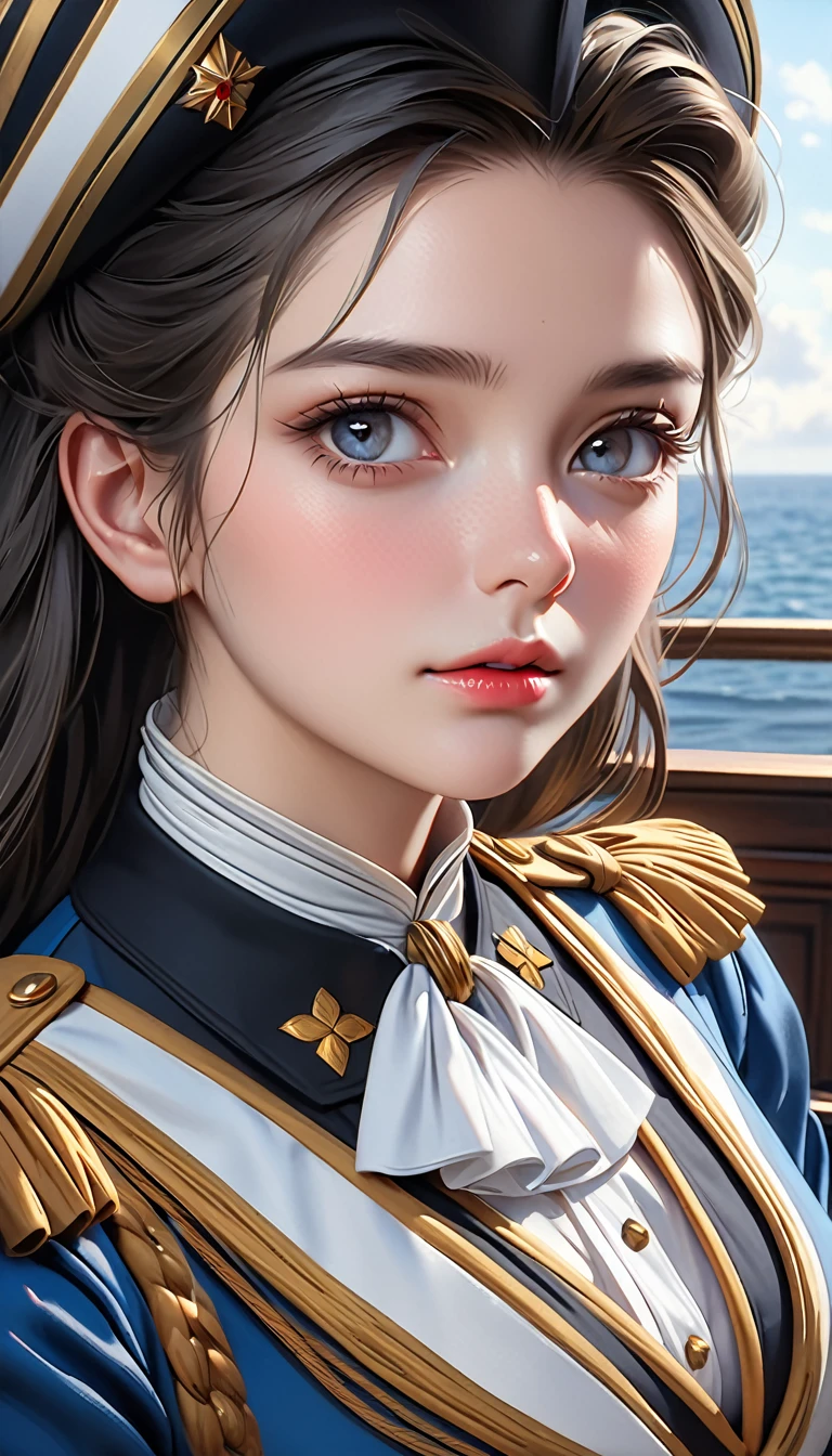 18th century lady admiral, best quality, 4k, 8k, highres, (masterpiece:1.2), ultra-detailed, (photo realistic,:1.37), looking at viewer,