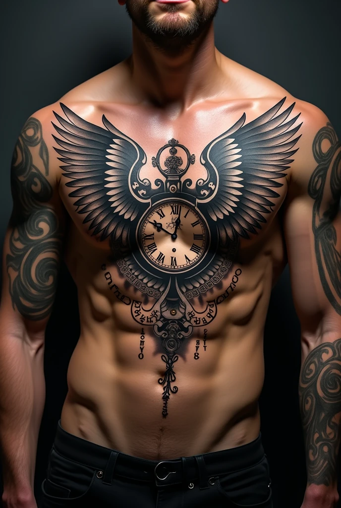 Wing’s tatoo with clock and rune words for man