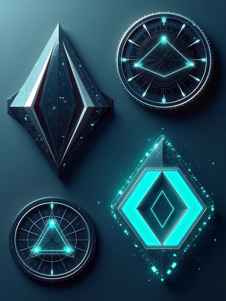 Main Idea: A geometric symbol or abstract icon representing both AI and creativity, without focusing on specific letters.
An abstract, triangular symbol with sharp edges, in dark blue and silver, with a digital glitch effect to represent AI innovation.
A circular, pixelated pattern with a gradient from black to teal, symbolizing the fusion of technology and art, with subtle hints of silver.
A polygonal design with interconnected nodes in a vibrant neon teal and deep blue, representing the networked nature of AI and creativity.