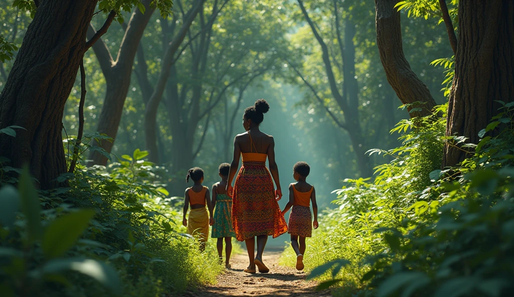 An African young woman dressed in African village clothing disappears with three kids following her disappear into the thick forest