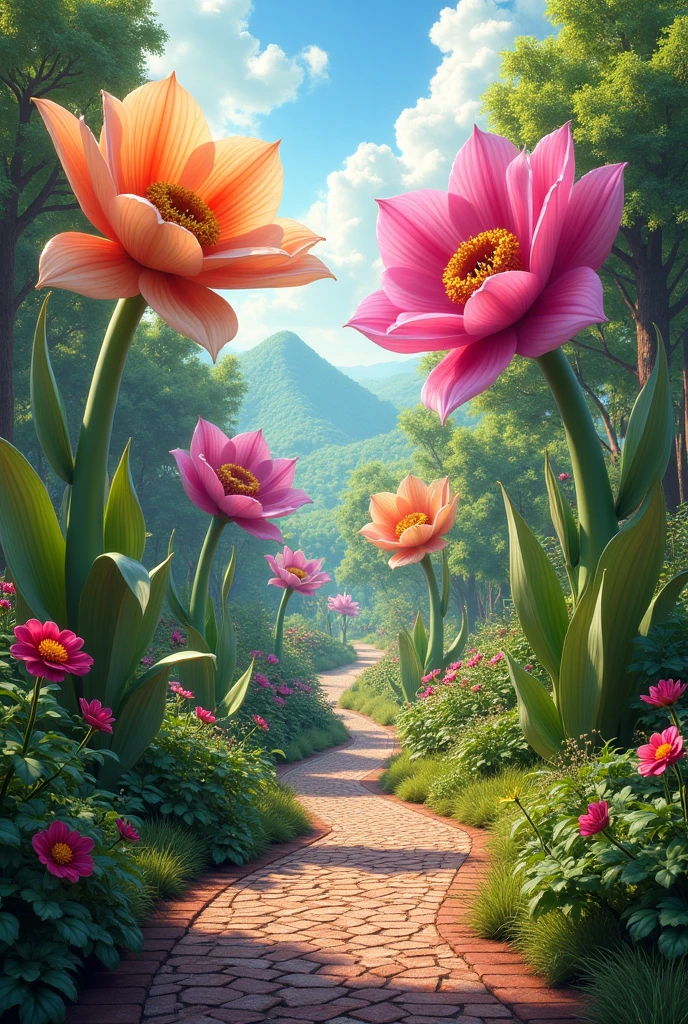 A beautiful garden with different huge flowers and bricks for walking tracks aesthetic look fantasy