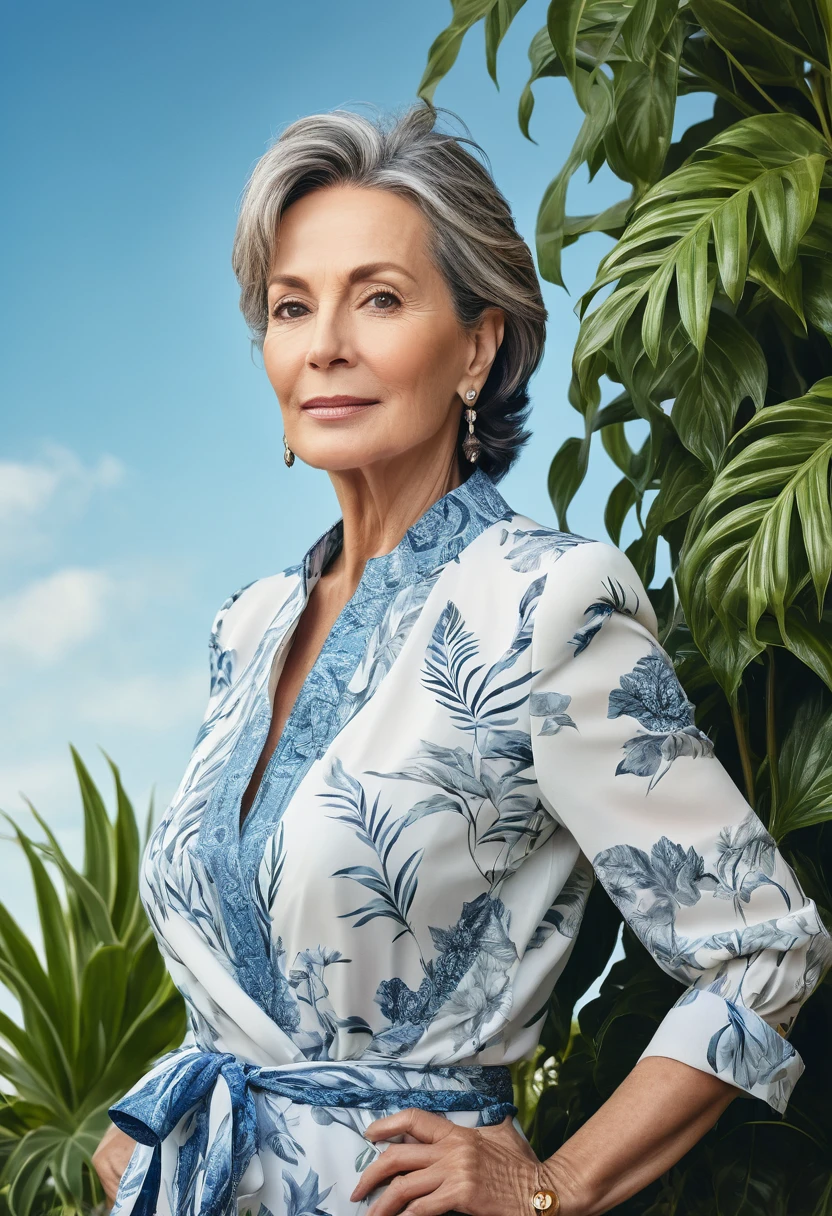 elegant and beautiful 50 year old woman in ultra realistic and chic portrait, background decorated with plants and blue sky