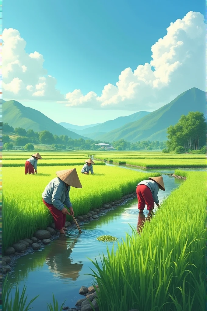 People working at paddy field with nice weather