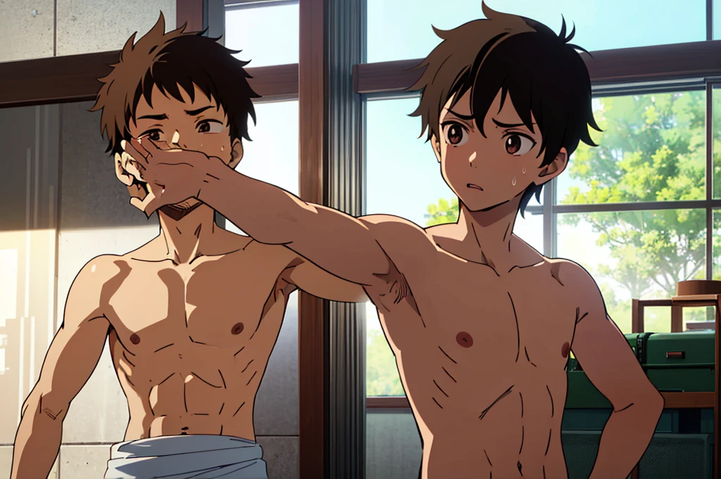 Highres, Masterpiece, Best quality at best,Best Quality,hight quality, hight detailed, 1boy, Brown hair, messy hair, Sweat, Shirtless, upper body, Streak muscles, brown skin, big nipples, white briefs, Depth of field, Anime Screencap Style, thin line, Seen from front, look good boy, Cute boy, (Showing armpit:1.3), (very small and short stature), (very young boy), 3 boys, Blurry beckground