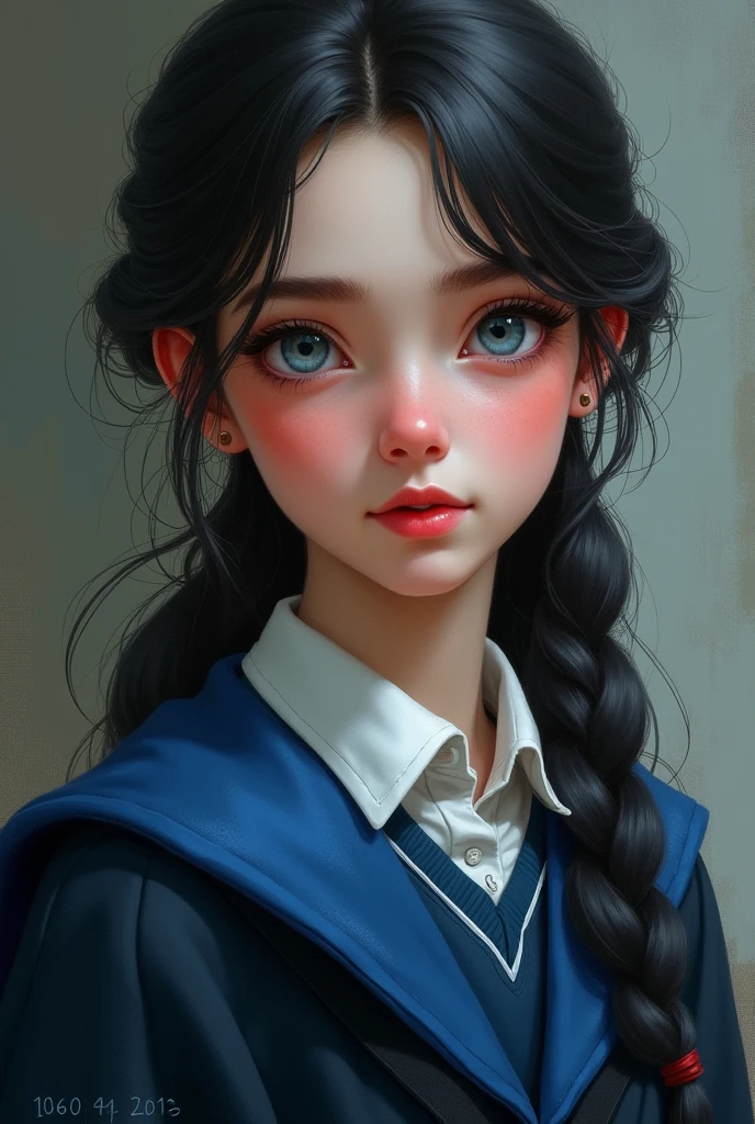 elle a le teint rose, un visage en forme de diamant, un nez en trompette, des yeux en amande bleu-gris, des longs cheveux noirs à moitié attachés, des lèvres pulpeuses et elle porte un uniforme de serdaigle, caucasienne
