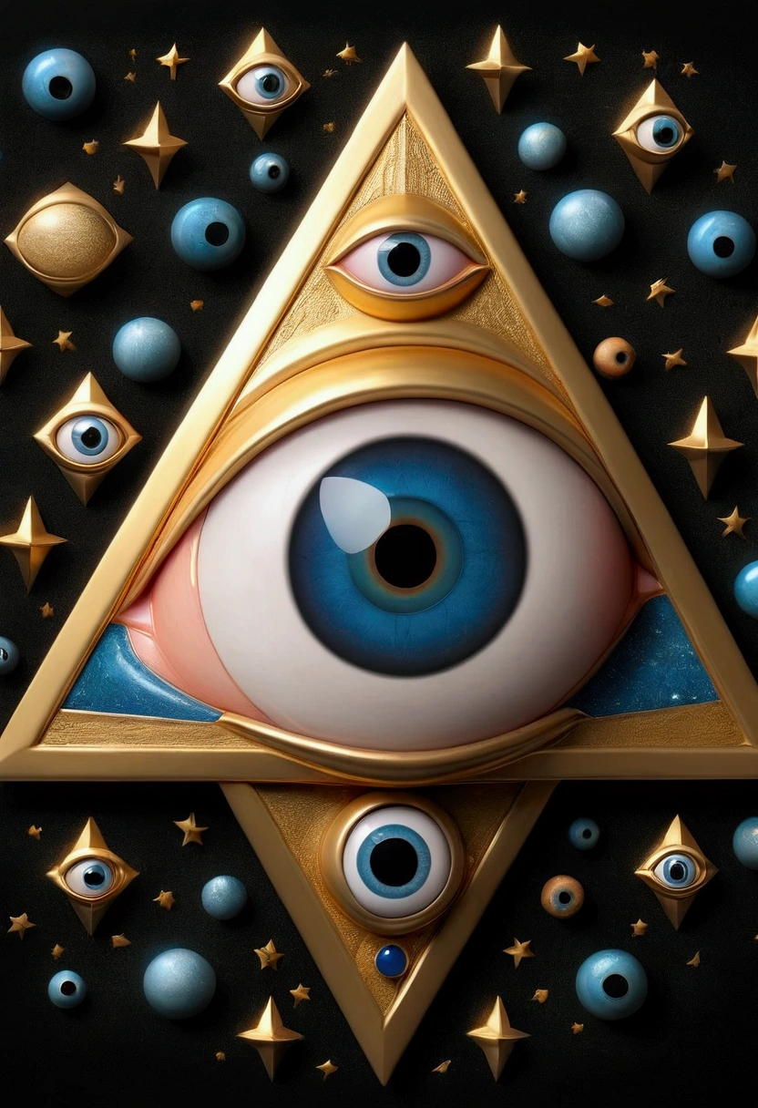 A painting of a gold and blue eye surrounded by stars, All-Seeing Eye, the Eye of Providence, Eye of Providence, All-Seeing Eye, ( All-Seeing Eye ), Paul Lafley, Eye of the Illuminati, Masonic art, byCedric Seaut (Keos Masons), mystical The Third Eye睛, The Third Eye睛, The Third Eye, Mysterious Eye, Extremely detailed symbolism,Gold chain