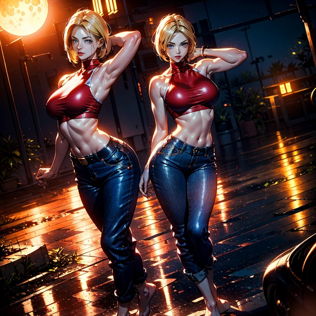 1 female, whole body, Standing posture, Hip-hop dancing, Tank top, short yoga pants, Beautifully drawn all the way to the toes, Lift your legs, Blonde, ponytail, Eye contact with viewers, Manhattan at night, moon, Beautiful Face, highly Realistic skin texture, Highly detailed eyes:1.1, Blush all over face, Fuller lips, Lean Your Body, Wide Hips, Big round breasts, 5 fingers per hand, Perfect Anatomy:1.1, Perfect Proportions:1.1, barefoot, slightly muscular arms, Muscular body, (Muscular woman:0.6), Volumetric lighting, Dynamic Lighting, (High resolution:1.1), Sharp focus, (Realistic, hyperRealistic:1.4), Complex, Attention to detail, Cinematic, Capture the light, Multiple lights, Scattered beneath the surface, Bokeh, Vivid, Polished, Honed, ((Full Sharp)), (Extremely absurd), 4K, High resolution, White light, 目がCapture the light, bright, light, bright照明, translation, Fundist