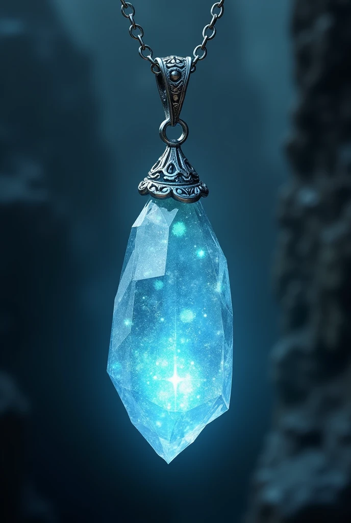 the Dawn Crystal is a colar with shimmering crystal of a light blue color, which seems to capture and reflect light in a magical way. It emits a soft, pulsating aura that illuminates the chamber with an ethereal glow.
