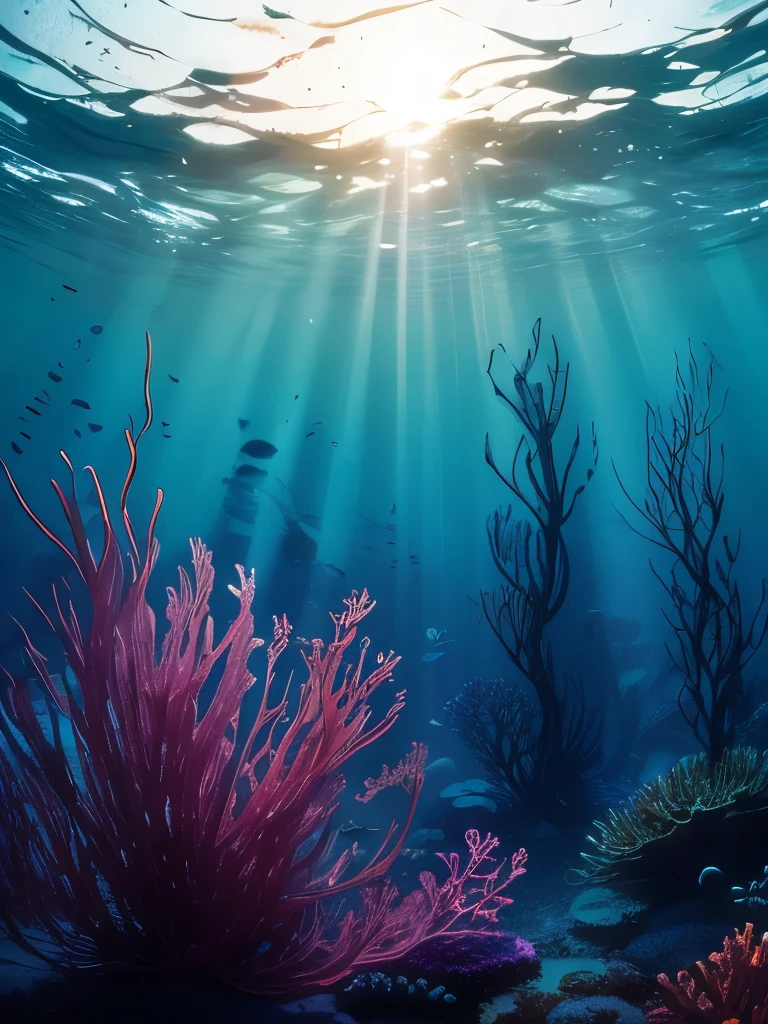 sunlight shining through the seaweed in a large aquarium, kelp forest, kelp and moss all over, tall kelp, kelp, sea kelp, deep colours. ”, seaweed and bubles, by Carl Rahl, floating kelp, by Dietmar Damerau, great light and shadows”, underwater perspective, by Andrew Domachowski