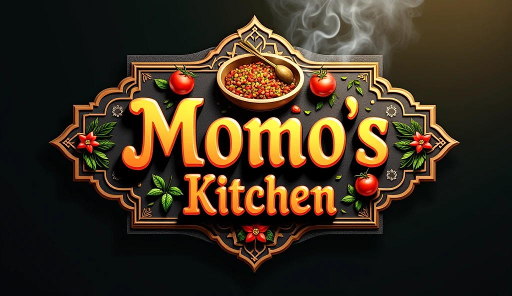 a detailed photorealistic logo of "Momo's Kitchen", pakistani style cuisine, high quality 8k, food-themed, detailed calligraphy styled text, warm color palette, appetizing ingredients, steam or smoke effects, intricate patterns, detailed pakistani ornamental elements, natural textures, dynamic composition