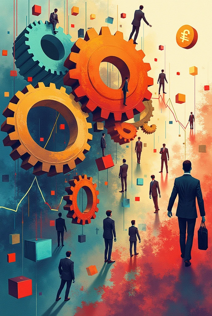 Create three-dimensional gears, circles, and squares, currency, graph lines, and many businessman images. Using watercolor and mixed media Use bright colors The light source is in the upper right corner. --ar 2:3