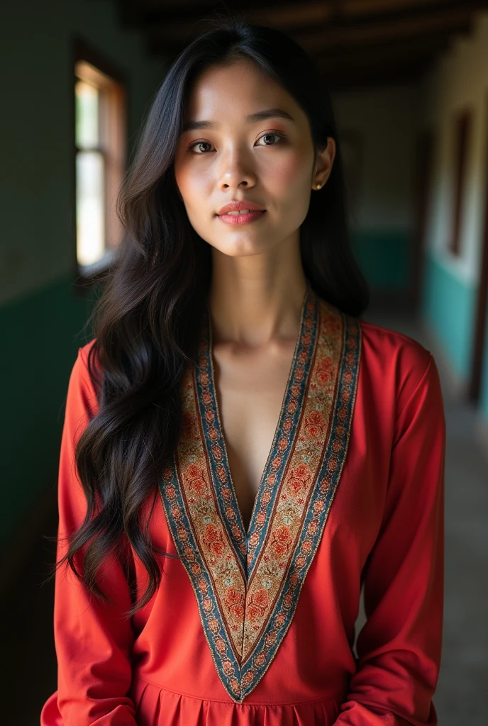 "A picture of a beautiful Myanmar woman, a tall and fair-skinned school teacher, with a curvy figure and large breasts, dressed in traditional attire."