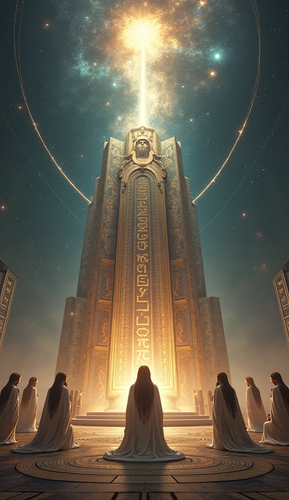 CREATE A CELESTIAL THRONE WHERE IN THE MIDDLE OF THE THRONE THERE IS A POWERFUL LIGHT. AROUND THE THRONE ARE KNEELING CERES