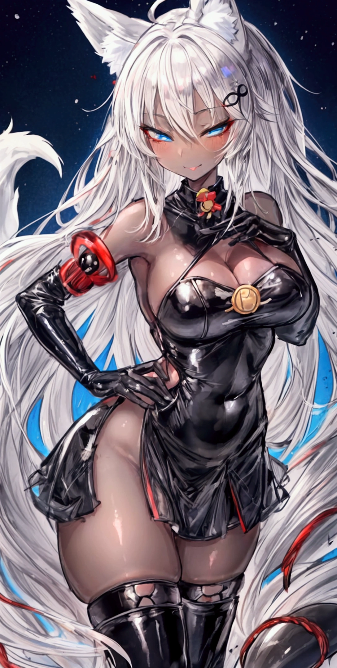 One girl, alone,Gray Hair, Shiny Hair, Straight hair, thin, thin脚, Fox Girl, Japanese Shrine Maiden, Black Priestess, mini skirt, Succubus Boots, Aqua blue eyes, Large Breasts, Saggy breasts, Cleavage, Black elbow gloves, latex, Grin, smile, Jig eyes, Close, Half-closed eyes, From a viewpoint,  Tsundere, Are standing, Put your hand on your chest, Dark Skin, Fox Ears, Fox&#39;s Tail, teasing, Conceit, Open your mouth, tooth, Sticking out tongue, thin腕, thin脚, Last, Female dog, Dark Skin, Dark Skin,