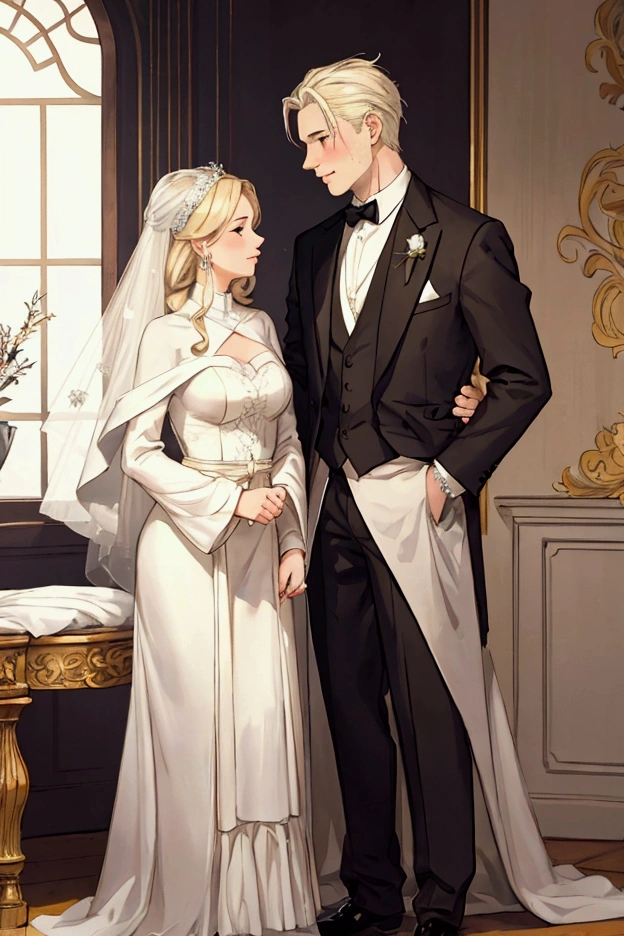 girl with man, women with blond hair, man with gray hair, romantic art, love, marry, wedding, delicate,luxurious,best quality