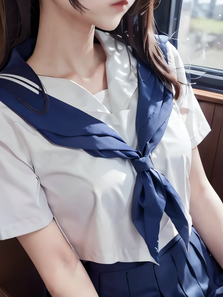 Masterpiece、Highest quality、【lower body focus】、Super detailed、Only from the neck down　画面いっぱいのSailor suit、Sailor suitが近い、Sailor suitをドアップ、Head is cut off　Japanese school girl uniform、Sailor suit、紺色のSailor suit、Navy Blue Skirt　Soft thighs　from the neck down focus、View from the neck down、Chest up、Chest close up、Chest close、Get closer to my chest　Train window、countryside