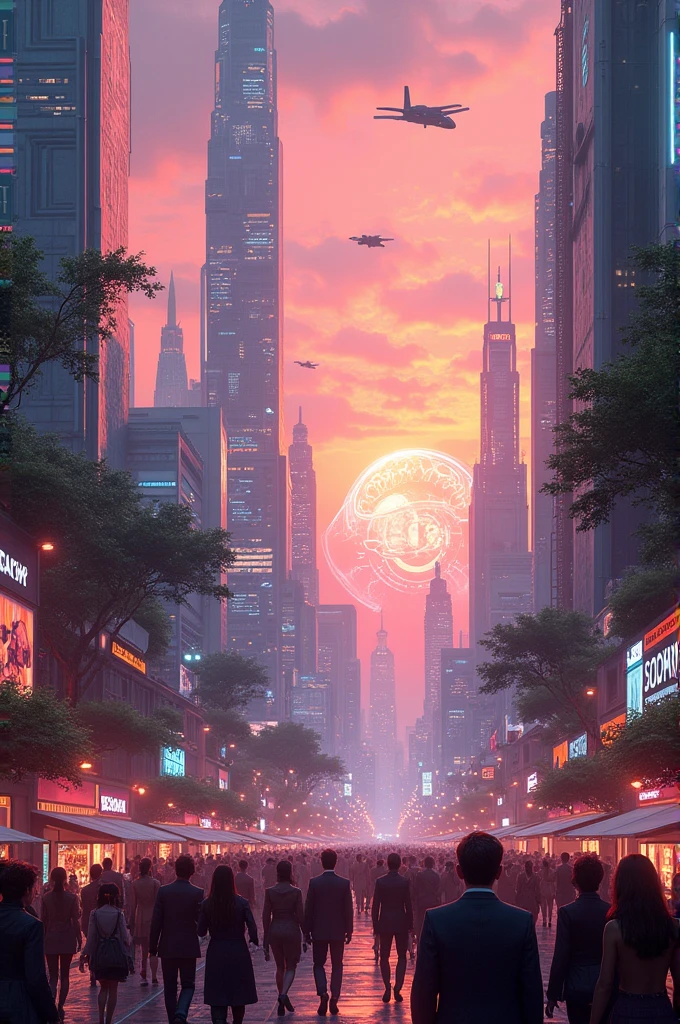 /imagine Create a vibrant, detailed image of a futuristic cityscape at sunset. The skyline should feature towering, sleek skyscrapers with holographic advertisements, flying vehicles, and lush rooftop gardens. The streets below are filled with a diverse crowd of people in futuristic attire, with neon lights reflecting off the metallic surfaces. In the background, a massive, glowing digital clock hovers in the sky, adding a sci-fi element to the scene