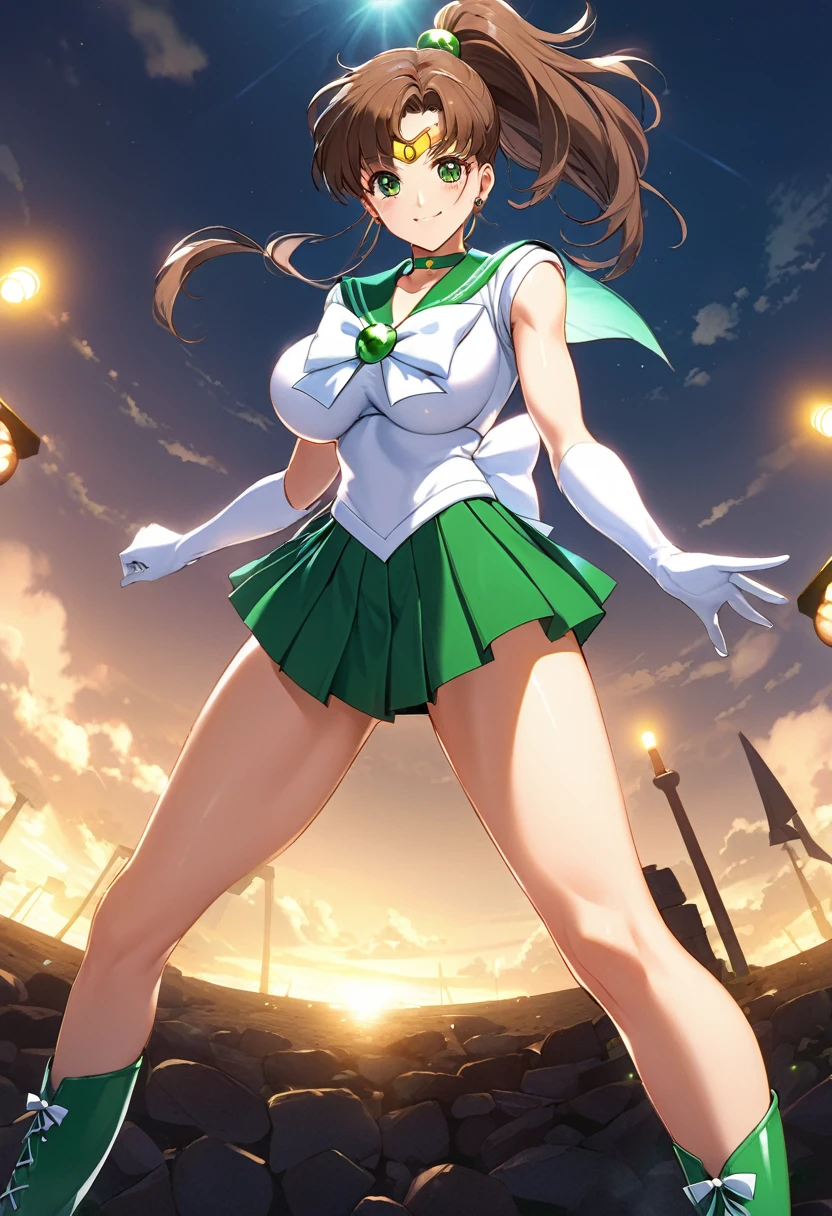 Highest quality, Great quality, 16K, Unbelievably absurd, Very detailed, 2.5D, delicate and dynamic, (Sailor Jupiter), Small face, Very delicate facial expressions, Delicate eye depiction, Very fine hair, (1 female), erotic, Sexy Woman, Muscular, Height: 175cm, Light brown long hair,ponytail、 Sexy long legs,  sailor senshi uniform, Makoto Kino, 独奏, skirt, brown hair, green sailor collar, green eyes, green choker, outdoors, gloves, green skirt, sailor collar, white gloves, bow, jewelry, boots, hair ornament, choker, elbow gloves, ponytail, sky, earrings, green footwear, day, magical girl,Glowing Skin,1990s \(style\),、(F cup beautiful big breasts)、tall、Cinema Lighting, (完璧なGlowing Skin:0.6),Always high quality CG Unity 8K wallpaper、smile