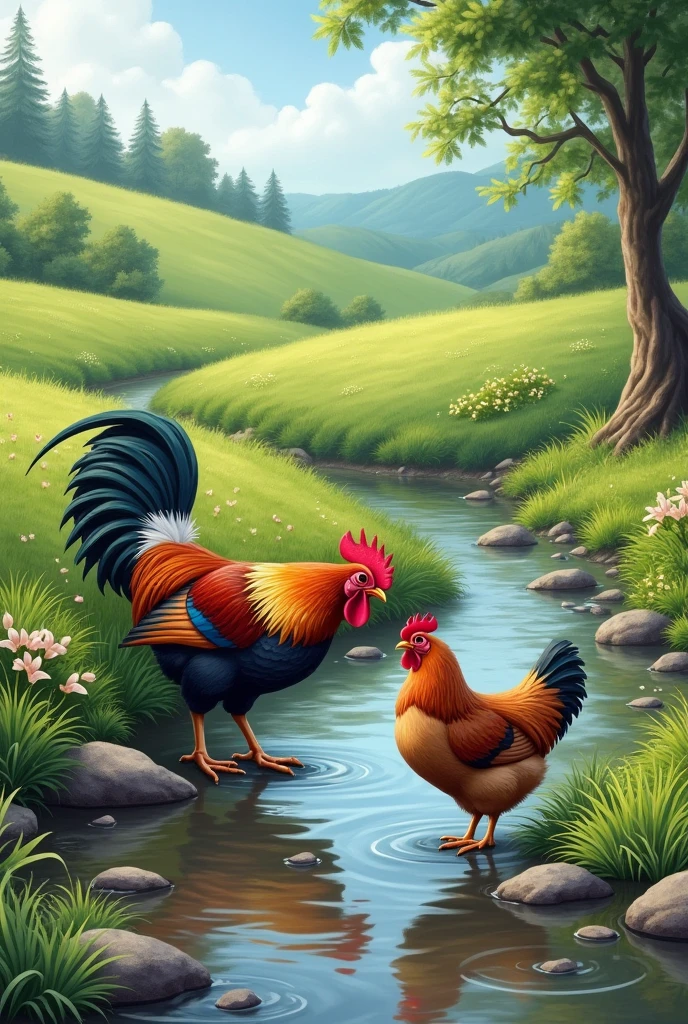 The rooster drinking water from the running brook and the hen standing in front of it