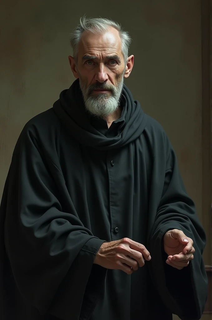 - Height: thin and tall, with an imposing presence.
- Face: Pale and ascetic, with sharp features and sunken eyes.
- Eyes: gray or green, with an intense and penetrating look.
- Hair: Sparse and graying, which gives him a wise or erudite appearance.
- Outfit: Dark and simple tunic, suitable for a theologian or philosopher Make a picture based on this description of a man talking about how religion should be taught