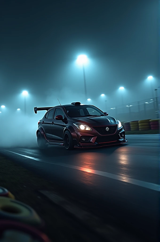Maruti dzire with body kit racing on racetrack at night and fog