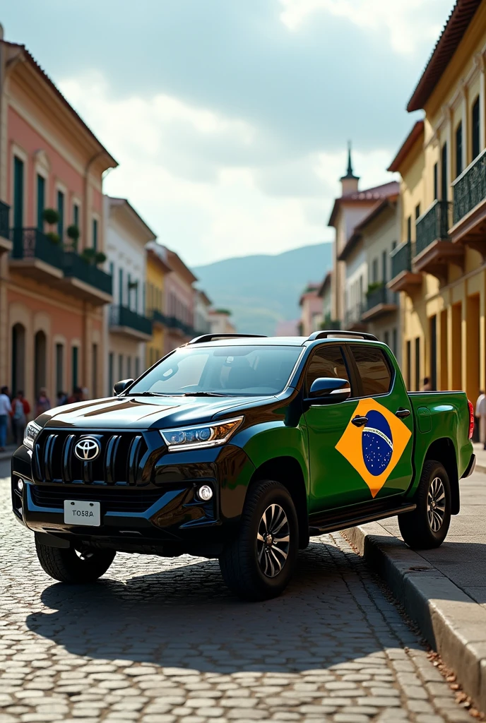 Create an image of a black Toyota PRADO TXL pickup truck, hyperrealistic, with a Brazilian flag that occupies both the driver and passenger doors. besides, Park it in the historic center of Cartagena.. Take it in panoramic zoom so that the landscape can be seen..