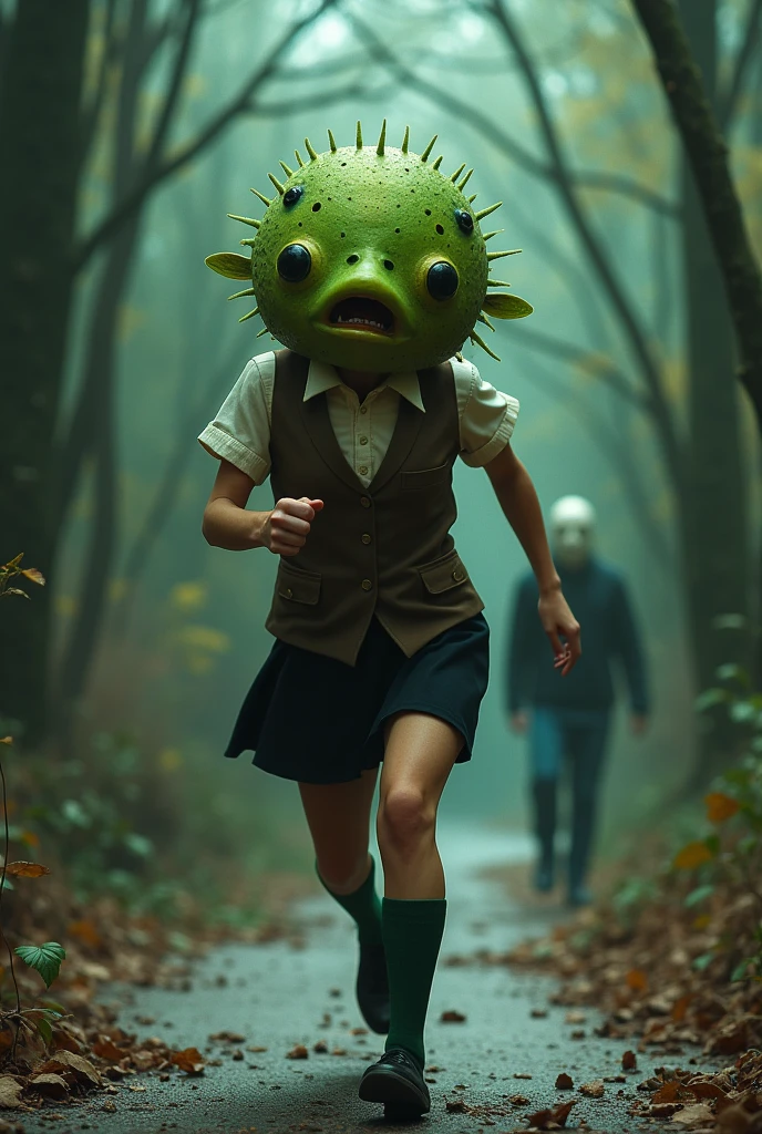 ((Highest quality)), ((photorealistic, hyperrealistic photo, portrait)), (front), (Screaming Pufferfish:1.6), (The upper half of the pufferfish is green.), (Short sleeves), ((No hair)), (The Kusafugu has 20% of the facial features of a human female.), (horror movie posters:1.5), ((Horror movie title「Jason vs Soraroid」Write:1.8)), ((Jason:1.8)), (クサフグ対Jason), A pufferfish with a very realistic head, A woman with a human body, オフホワイトで襟付きのShort sleevesシャツに薄茶色のベストを着てひざ丈の黒いスカートに濃い緑色の短い靴下と黒の靴を履いてる, Jasonに追われて全力で走っている, Photorealistic images,