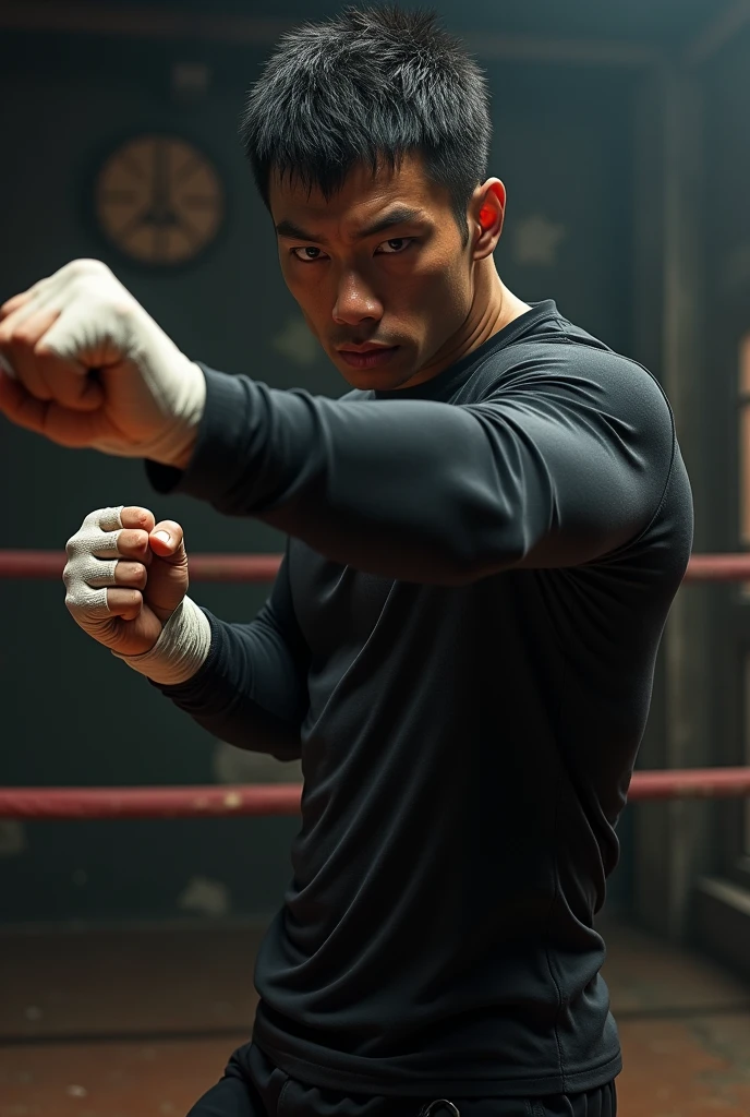 Imagine japanese muay thai kickboxer wearing black long sleeve shirt