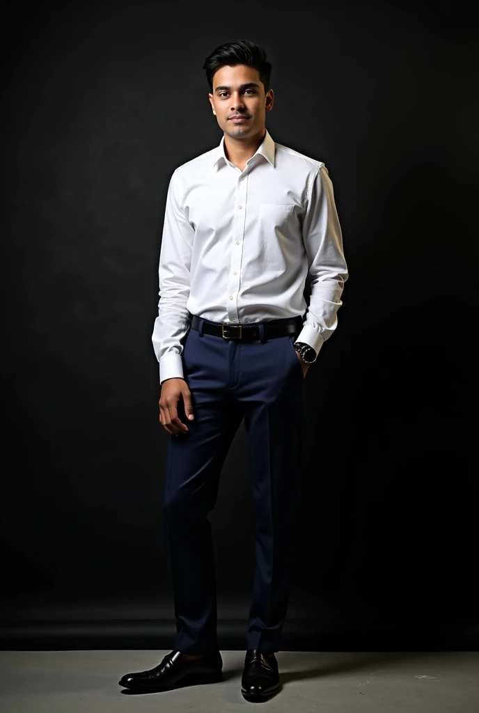 A 20 year old boy in white shirt navy blue formal pants and shakers shoes background will be black wall with Sabbir written on it.